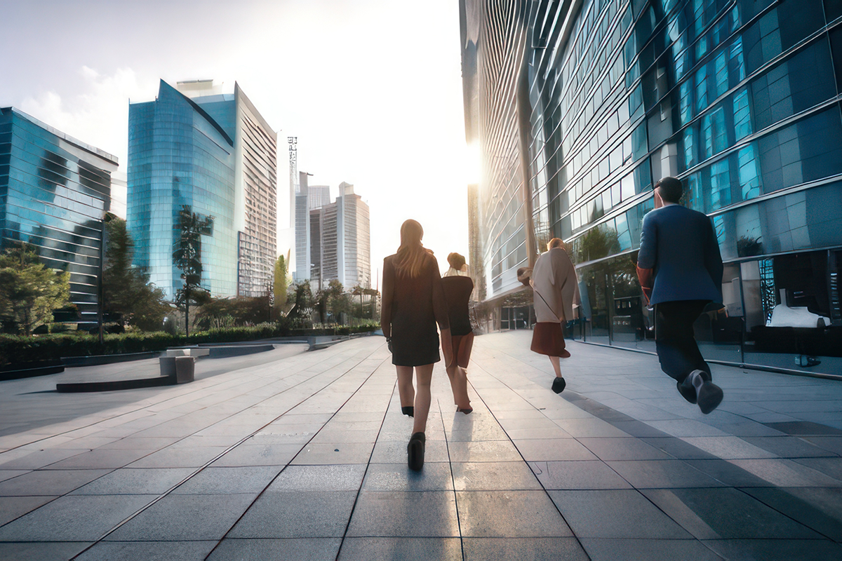 Business professionals using modern cloud technology in a connected urban environment.