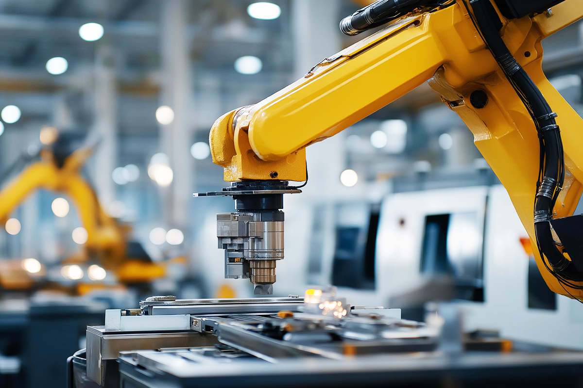 Industrial robotic arm in a modern manufacturing facility.